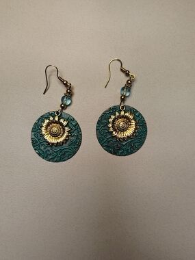 Gold Sunflower Teal Drop Earrings